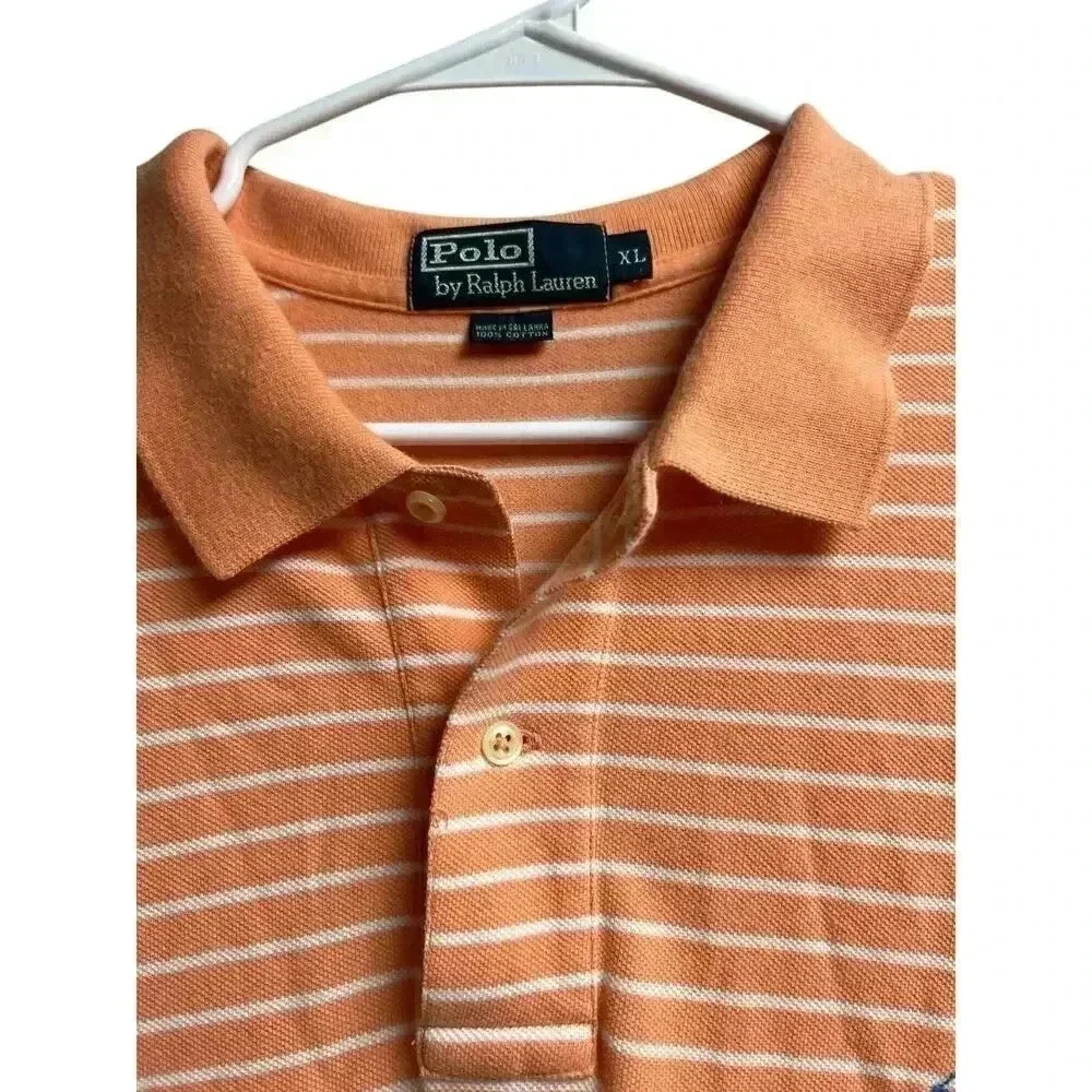 Polo by Ralph Lauren Men's Peach White Stripes Polo Embroidered Blue Logo XL